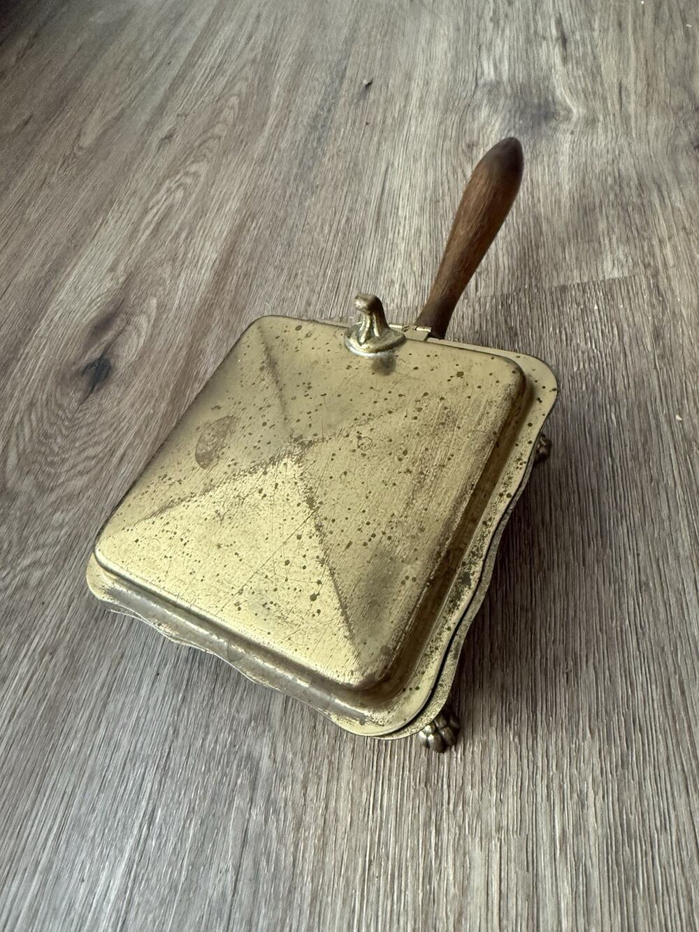 Vintage Brass Silent Butler Crumb Ashtray Catcher Wood Handle -- MCM